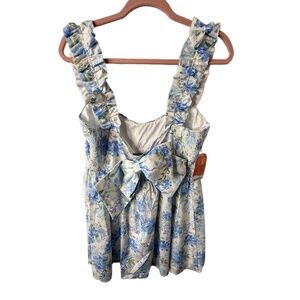 NWT ARULA Mini Dress Womens 0X White Blue‎ Floral Ruffled Cottagecore Bohemian